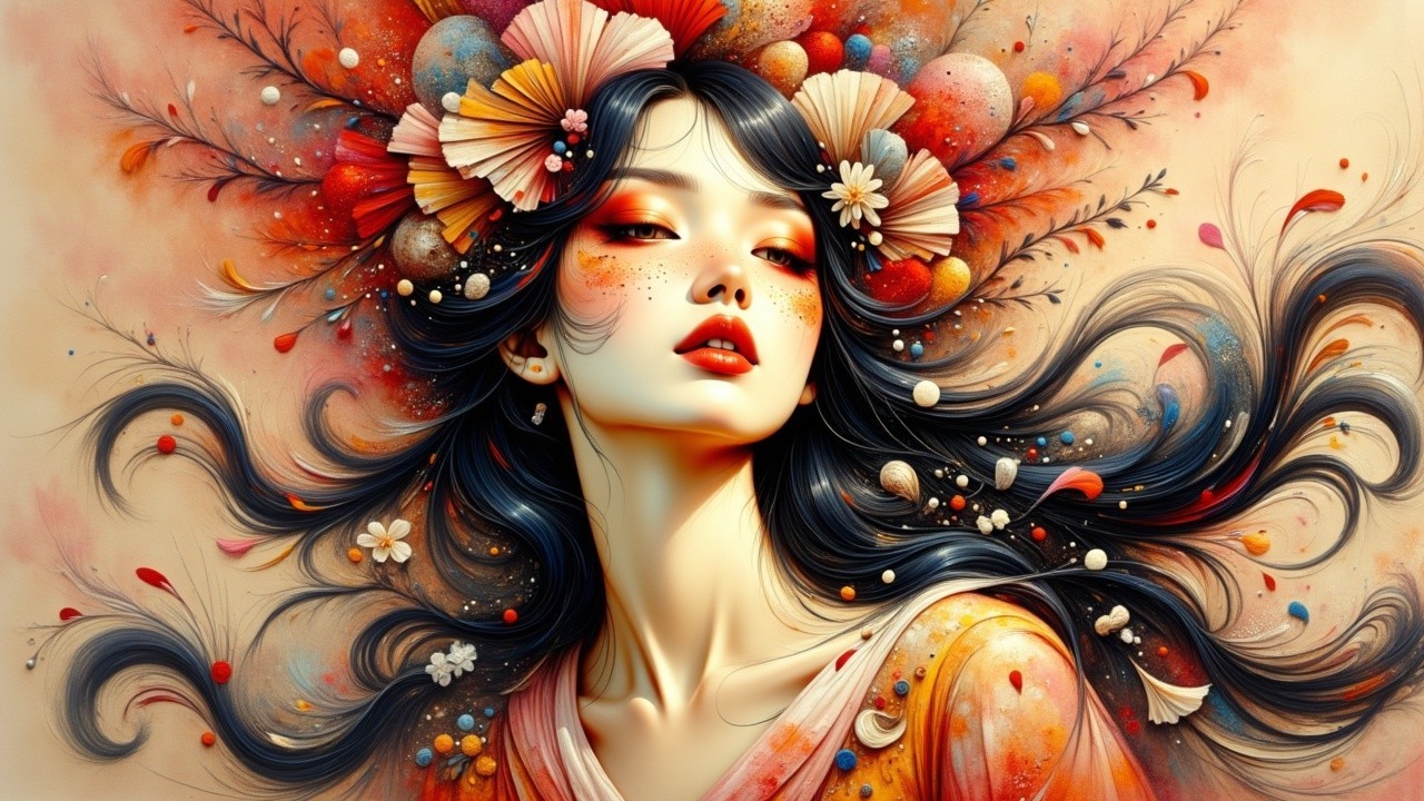 Portrait of a woman with black hair and vibrant flowers