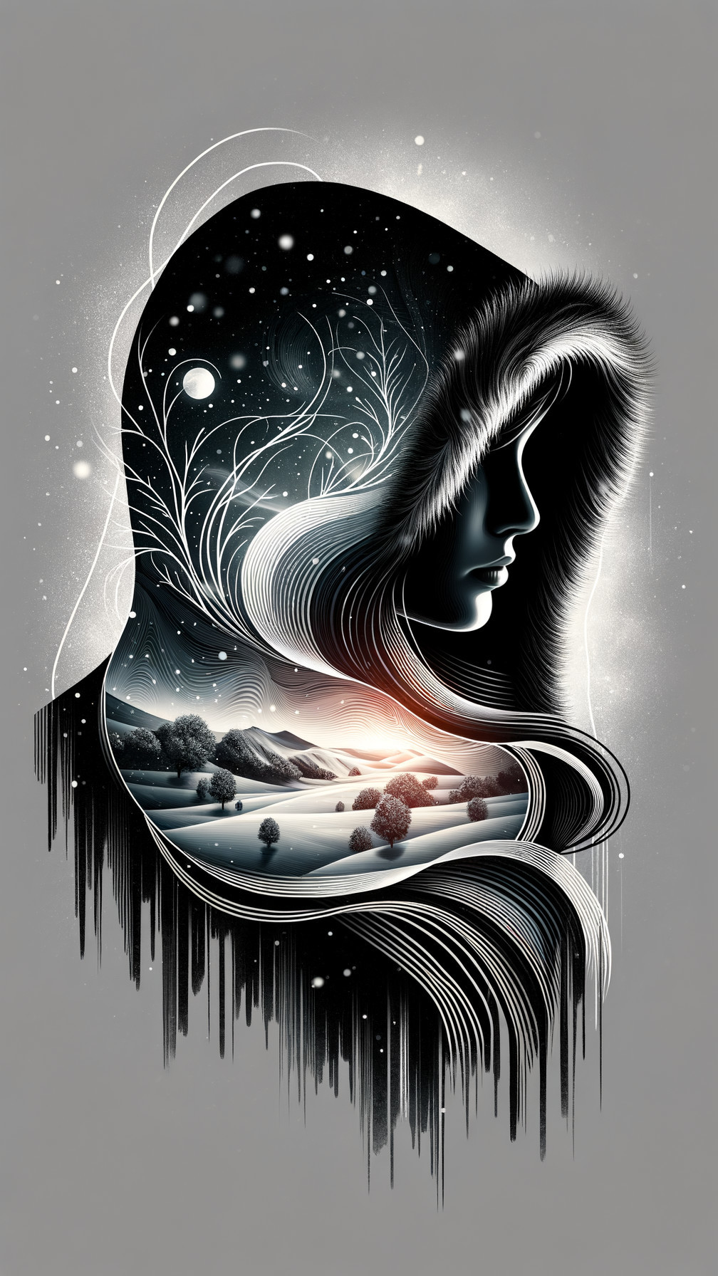 Stylized Silhouette of a Hooded Woman with Landscape