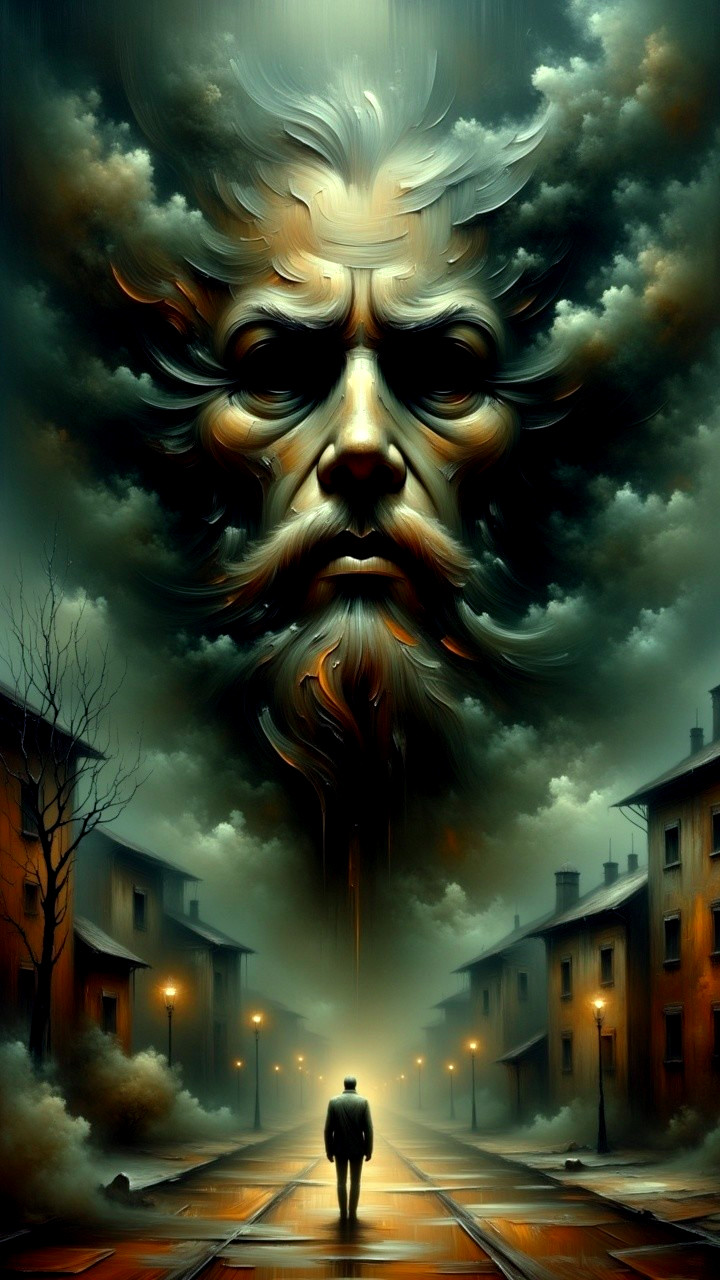 Surreal Scene of a Figure Under Dramatic Skies