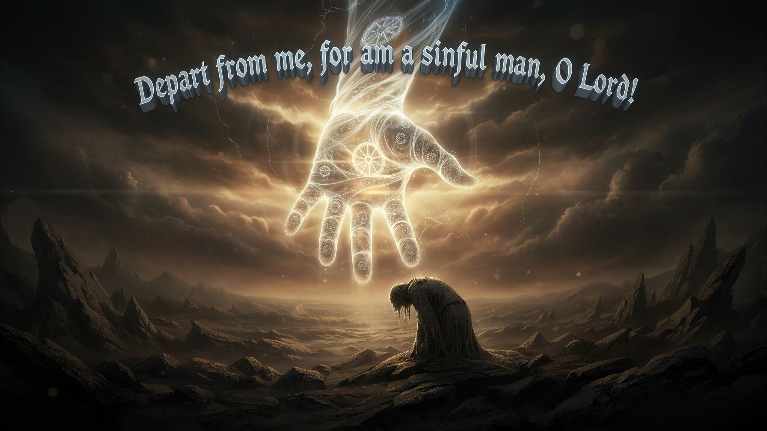 Kneeling Figure Under Stormy Sky with Divine Hand