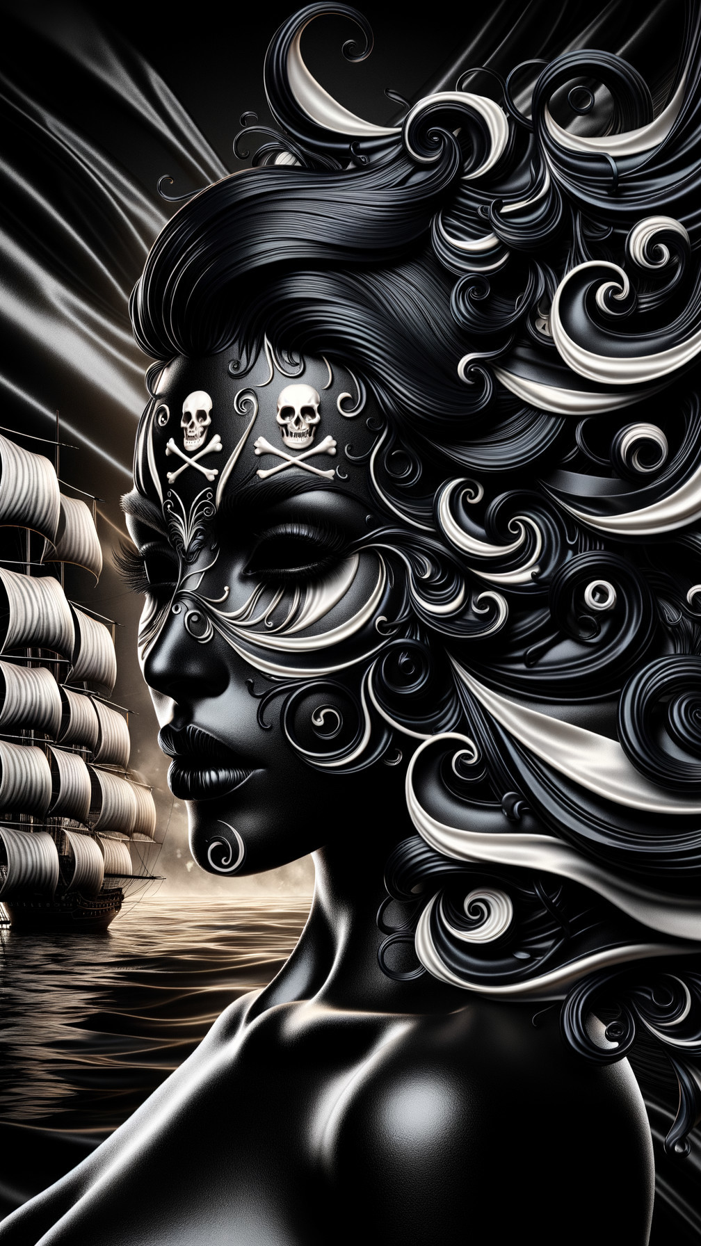 Stylized figure with black hair and sailing ship backdrop