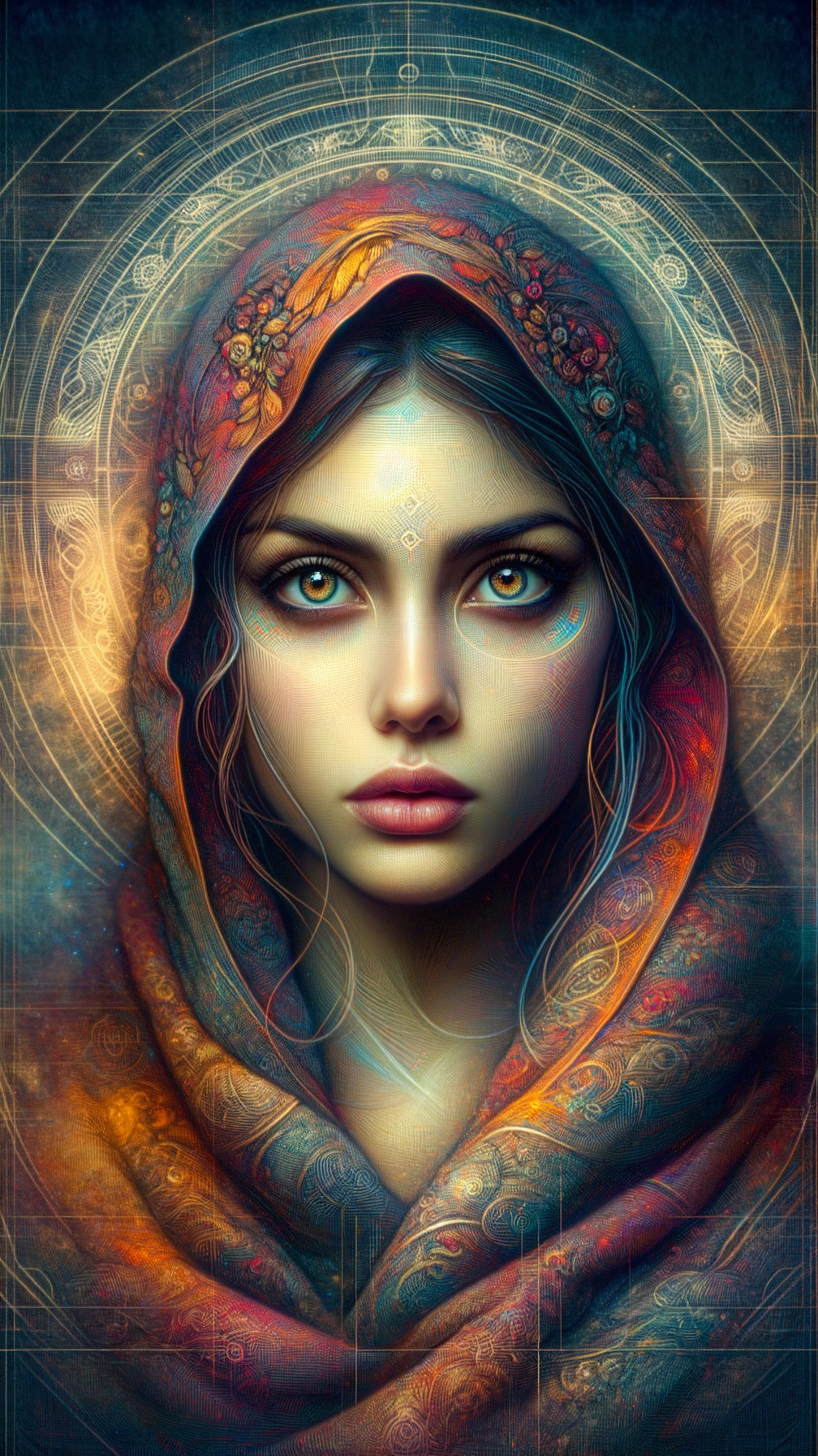 Mystical Young Woman in Ornate Hood and Ethereal Light
