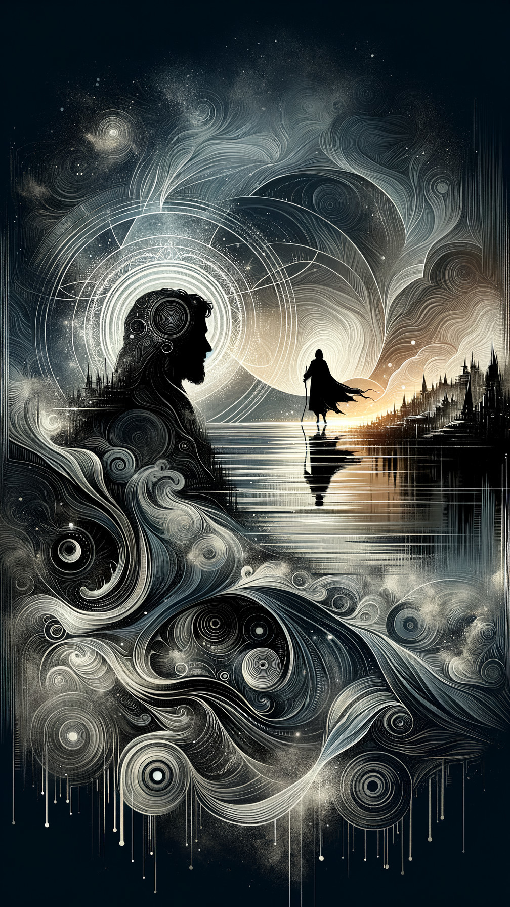 Dreamlike Scene with Intricate Patterns and Silhouette