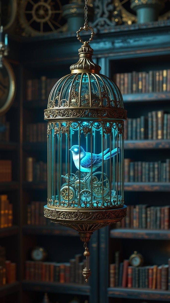 Ornate Birdcage with Luminous Blue Bird in Library