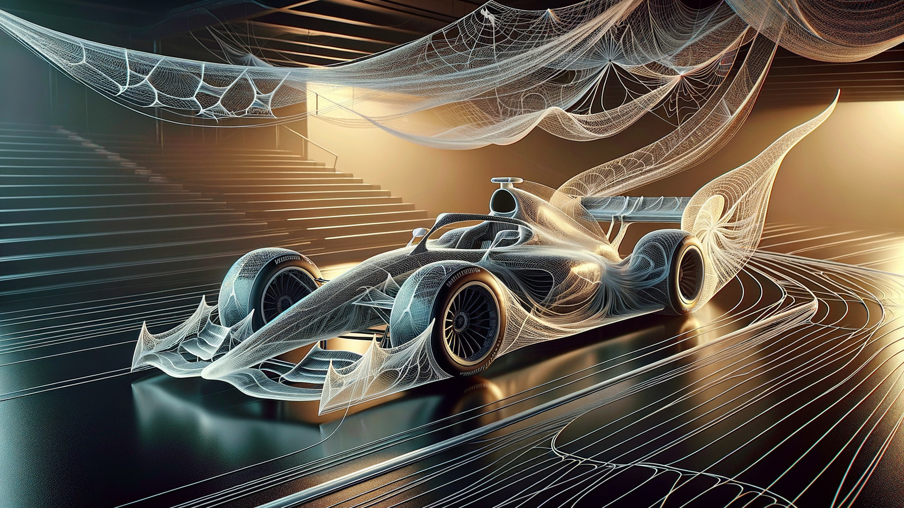 Futuristic Racing Car with Translucent Web Strands