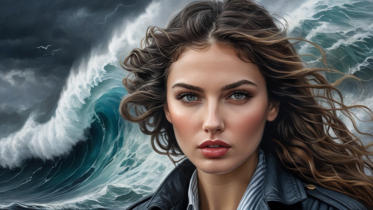 Young woman with wavy hair against stormy ocean backdrop