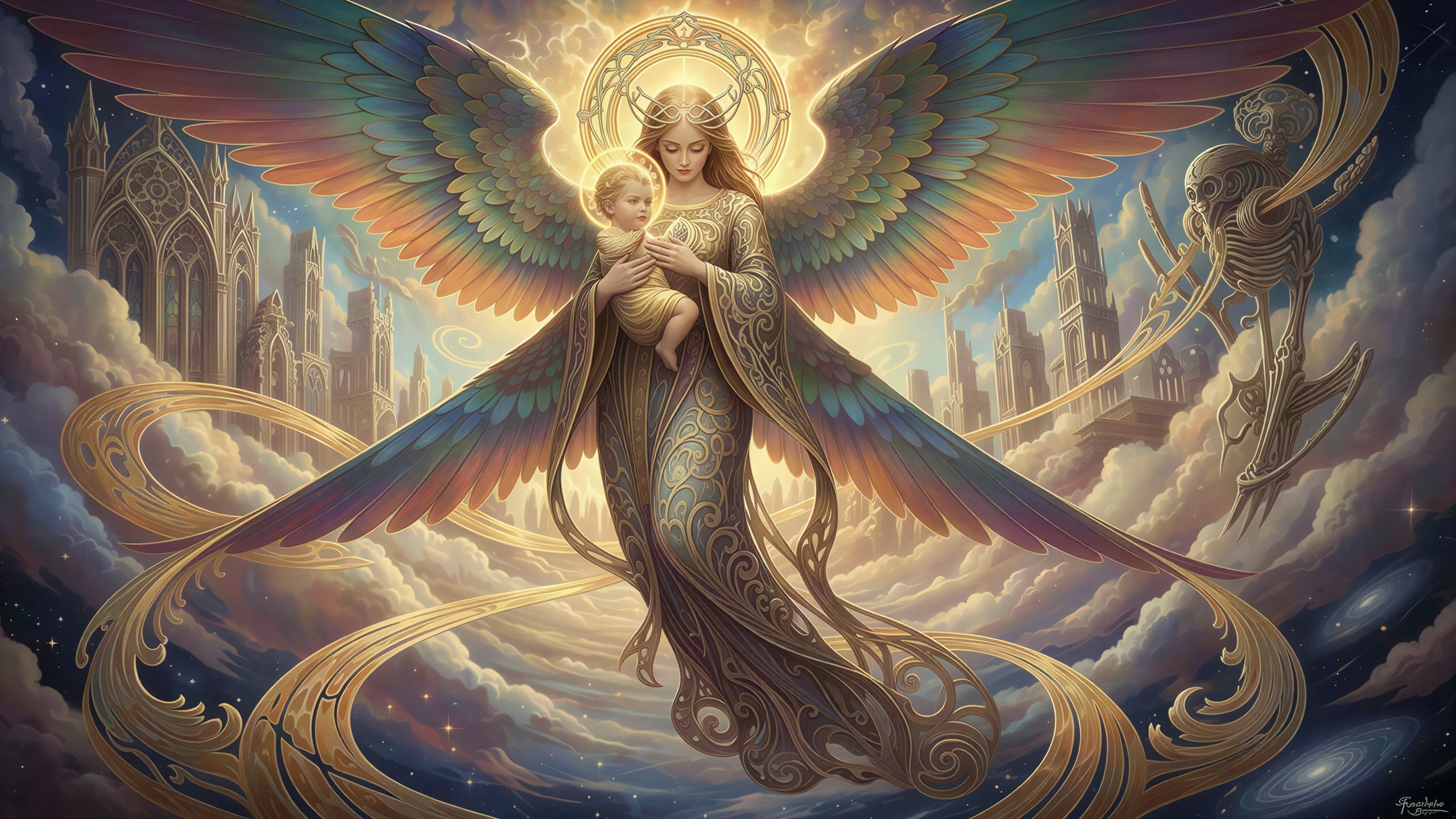 Hyperrealistic Art Nouveau Angel with Baby Painting