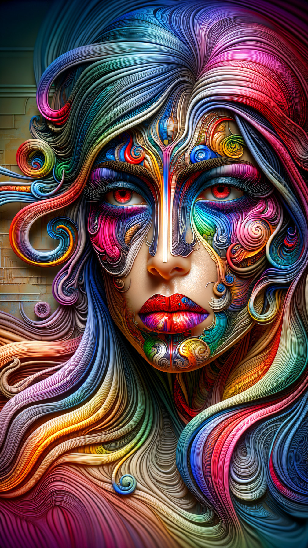 Vibrant Stylized Face with Colorful Patterns and Swirls