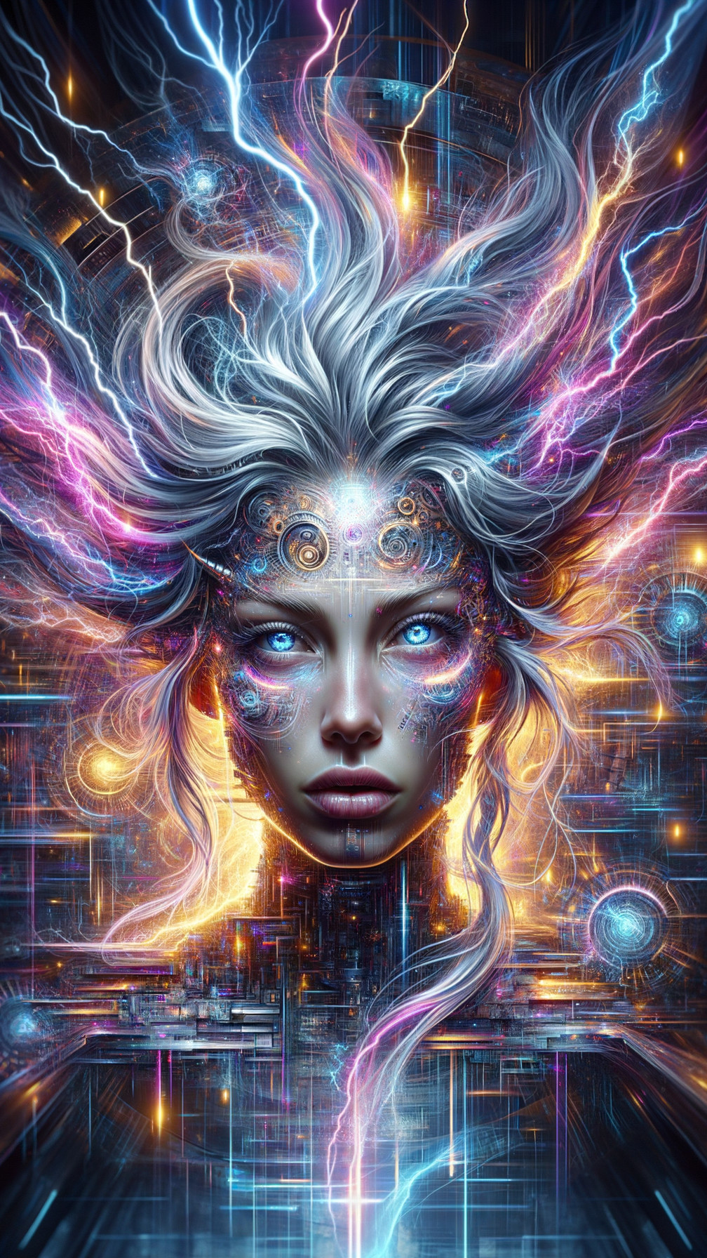 Surreal Humanoid Face with Glowing Patterns and Colors