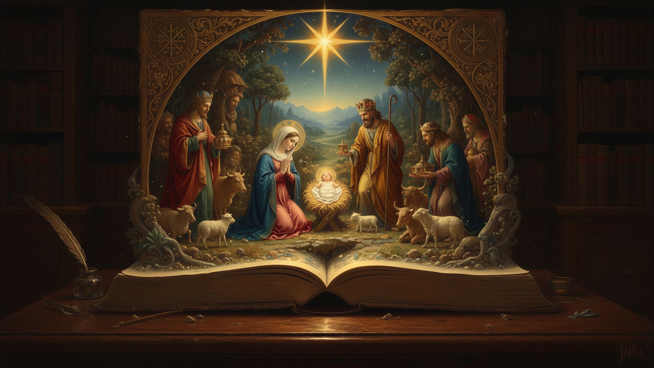 Hyperrealistic Christmas Nativity Scene in a Book