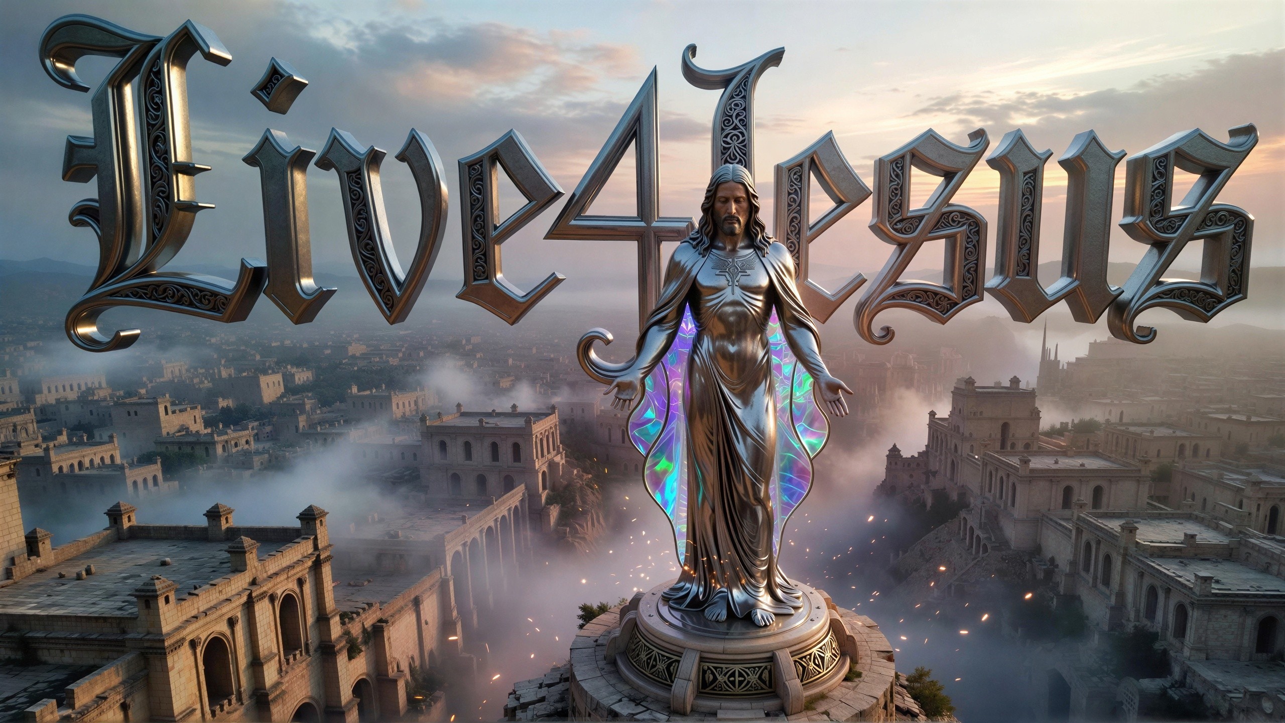 Ornate Jesus Statue Overlooking Ancient City Scene