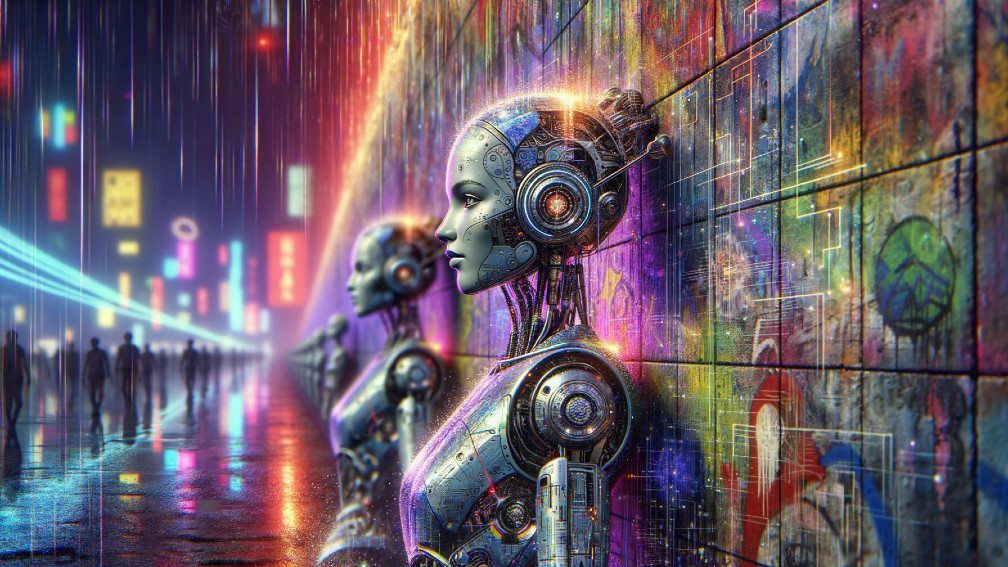 Futuristic Robots Against Neon Graffiti Wall