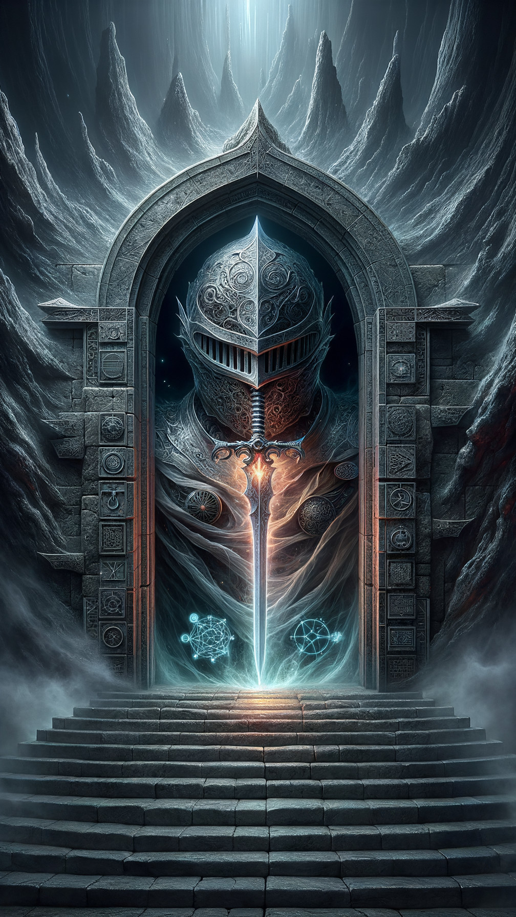 Ornate stone archway with mystical knight and portal