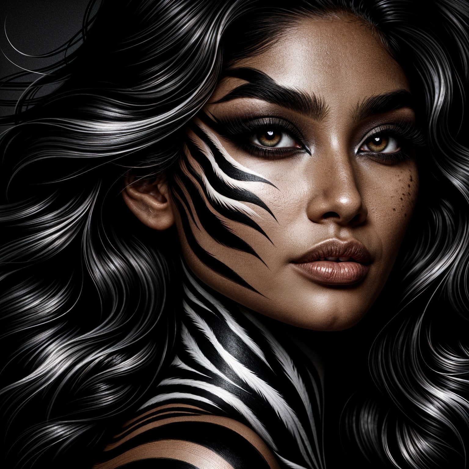 Portrait of a woman with tiger stripe body paint