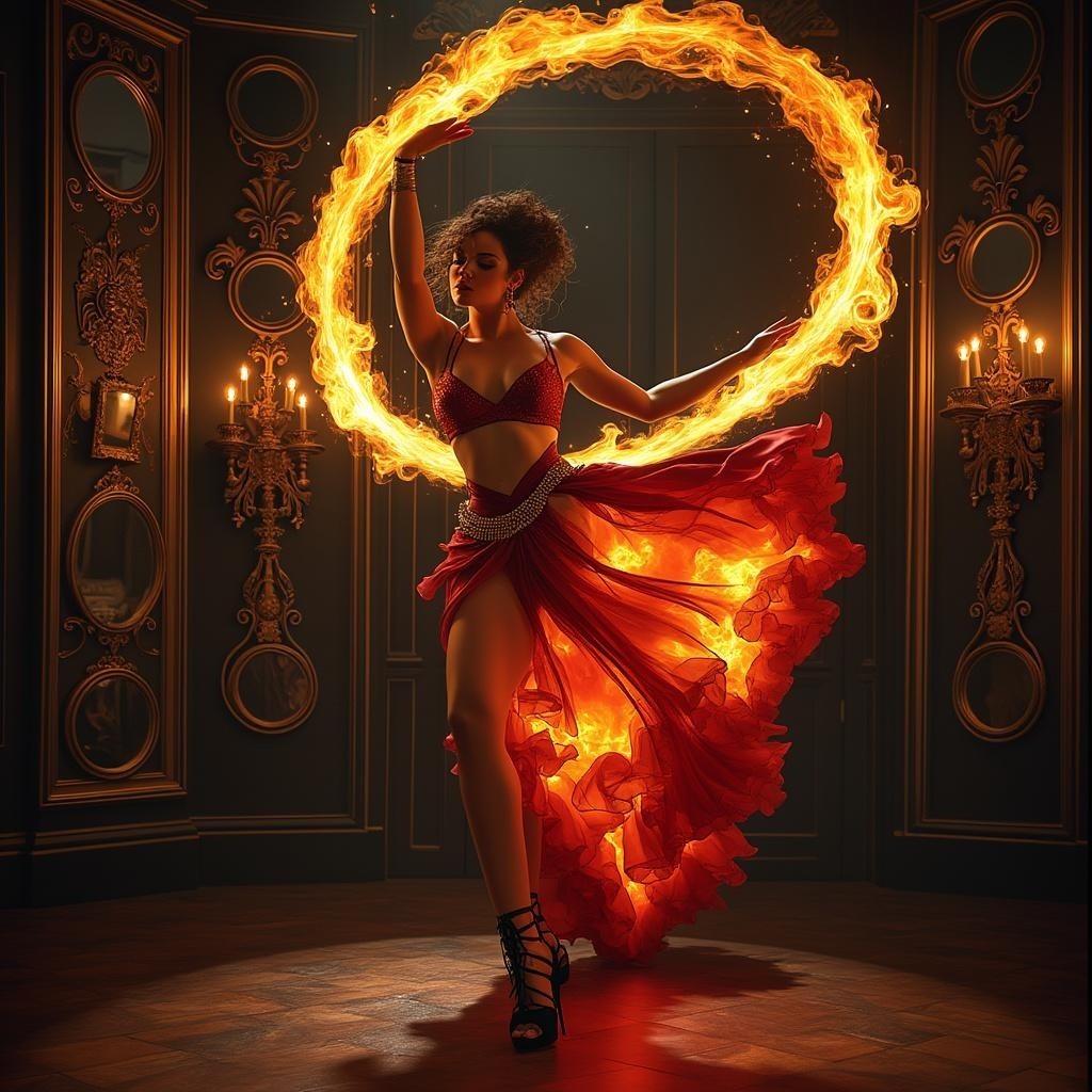 Dancer in Red Dress Creates Mesmerizing Fire Ring