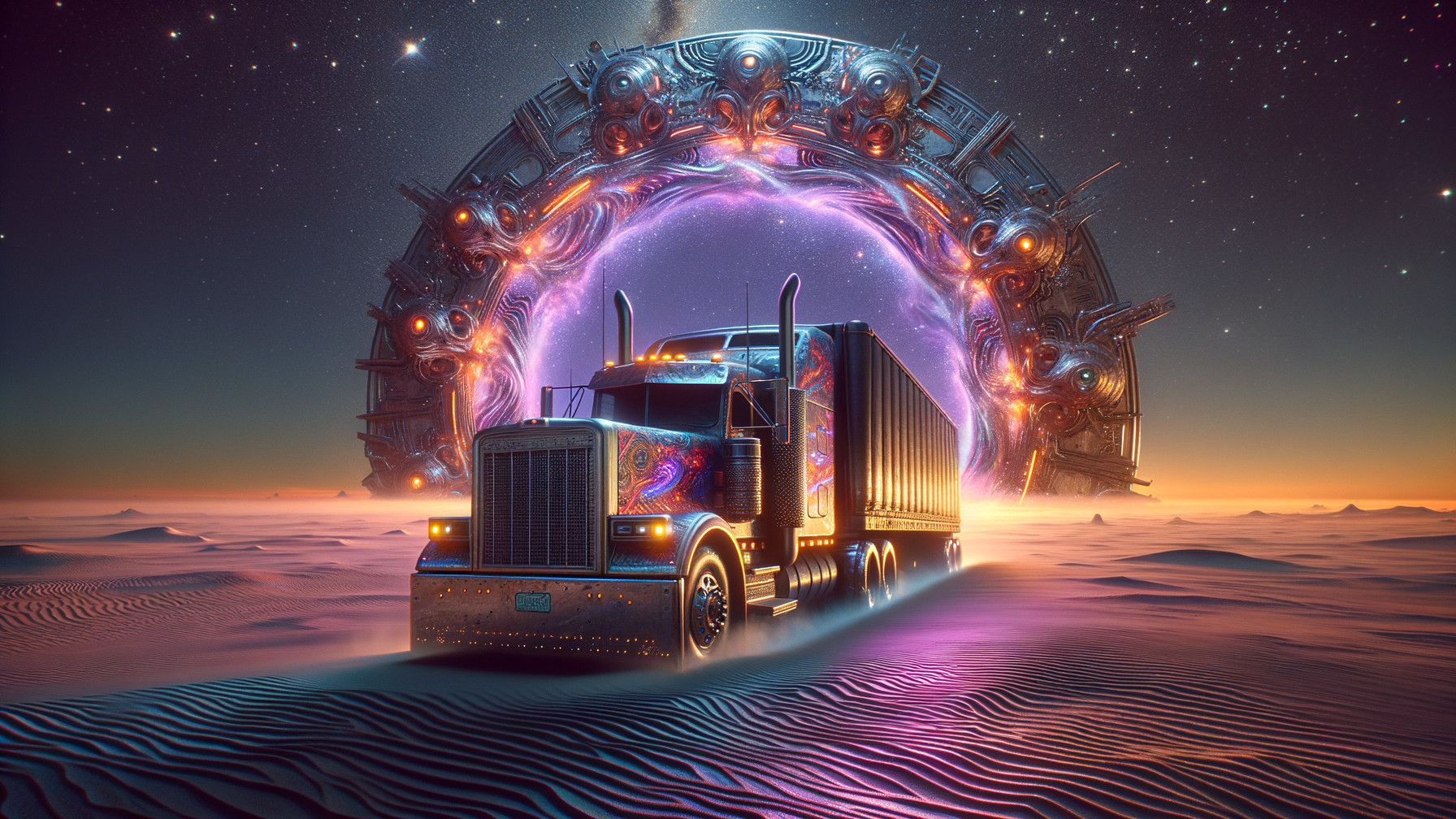 Futuristic Truck in Psychedelic Cosmic Landscape
