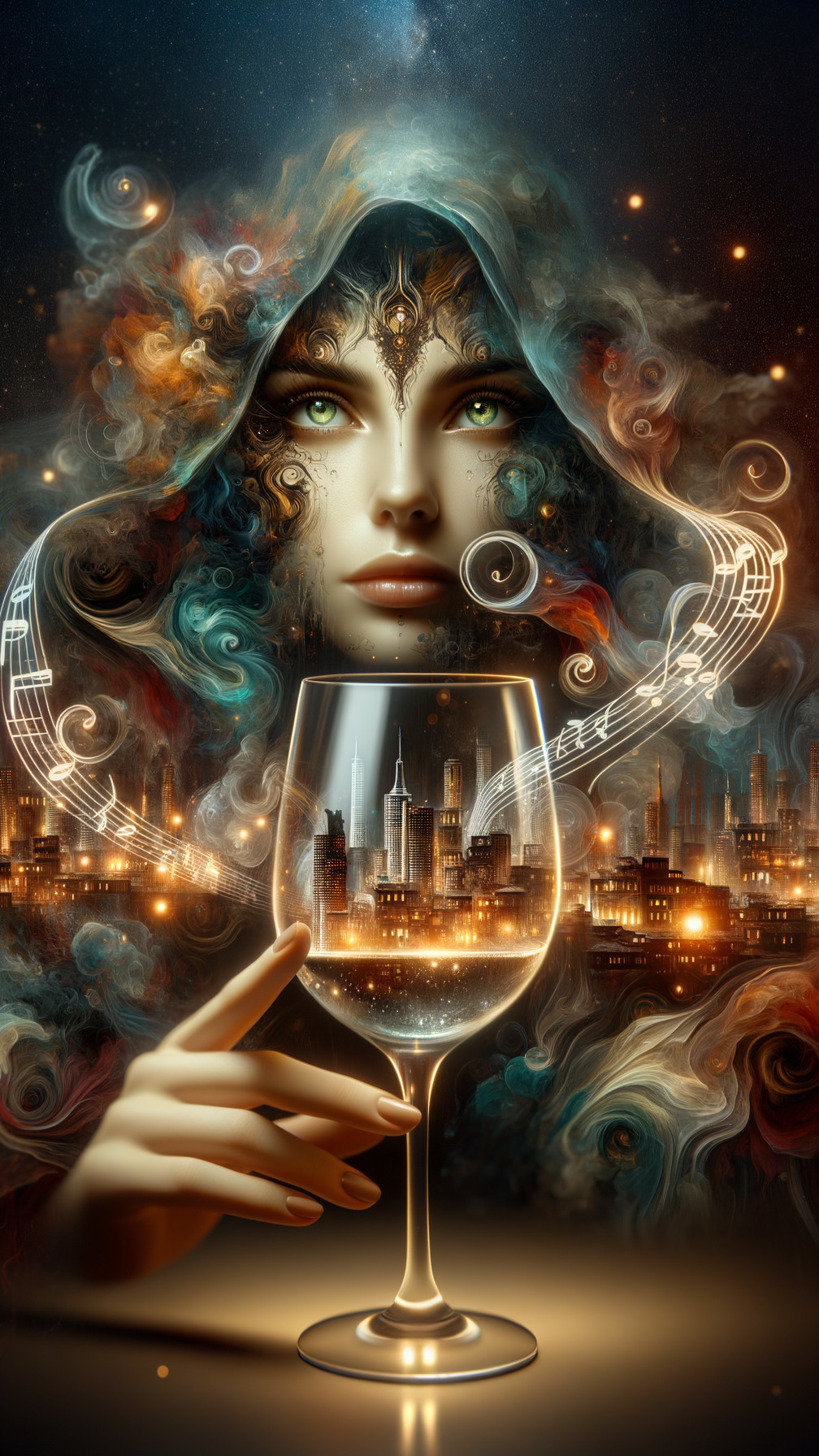 Mystical Woman with Colorful Hair in Ethereal Scene