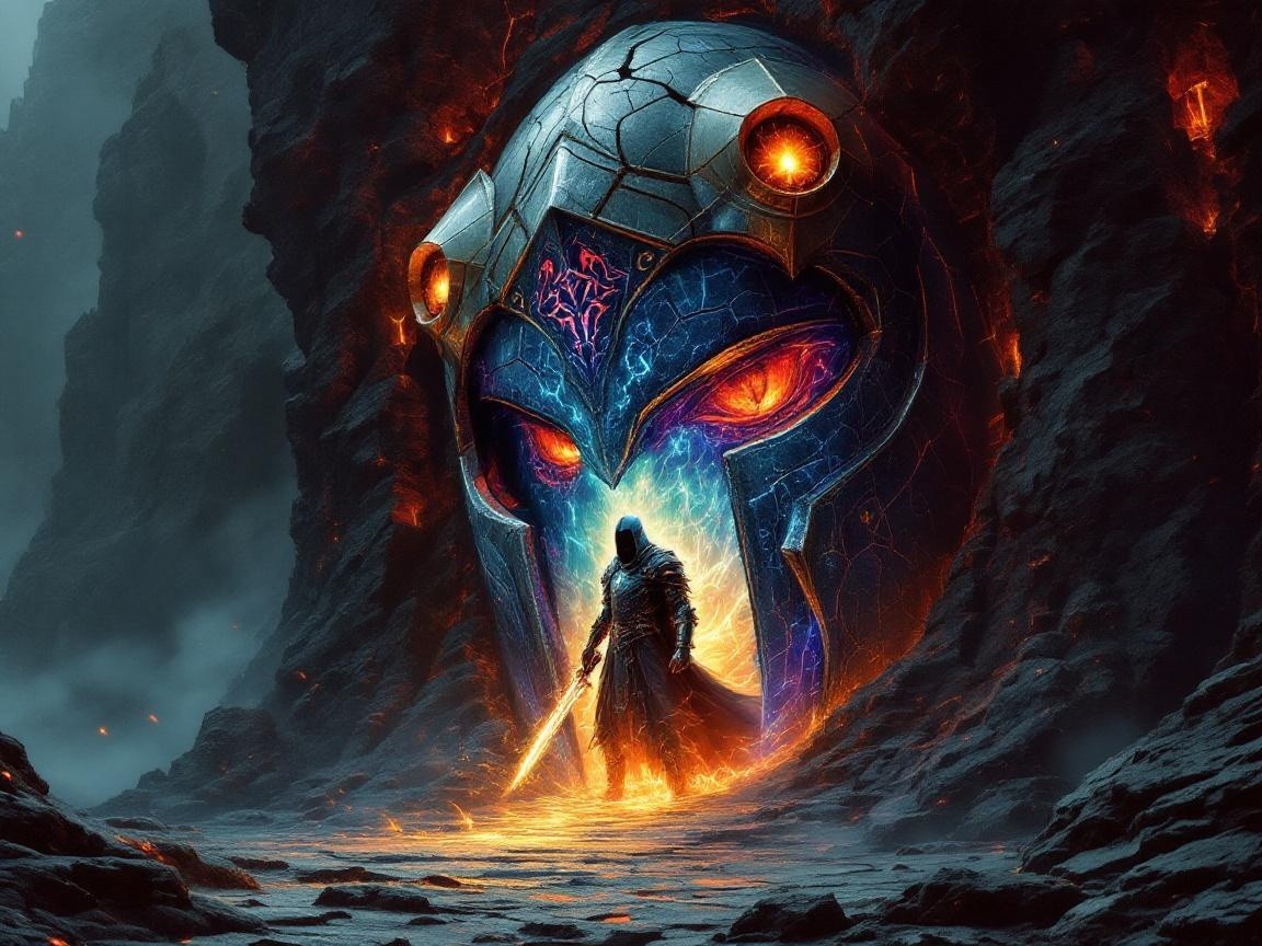 Mysterious Figure and Glowing Helmet in Rocky Landscape