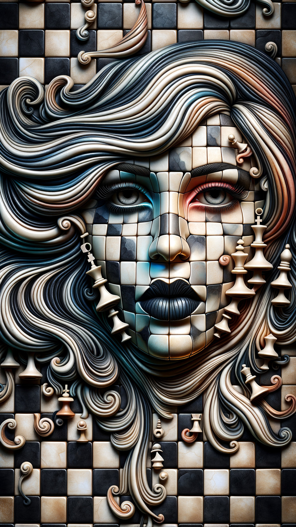 Stylized Chessboard Face with Dynamic Hair Design