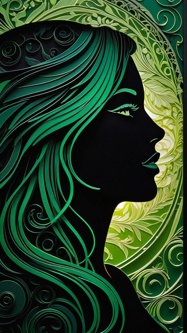 Silhouette of a Woman with Green Swirling Designs