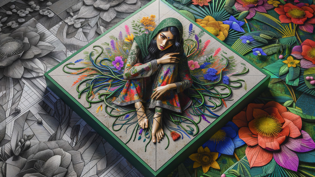 Serene Figure in a Colorful Three-Dimensional Garden