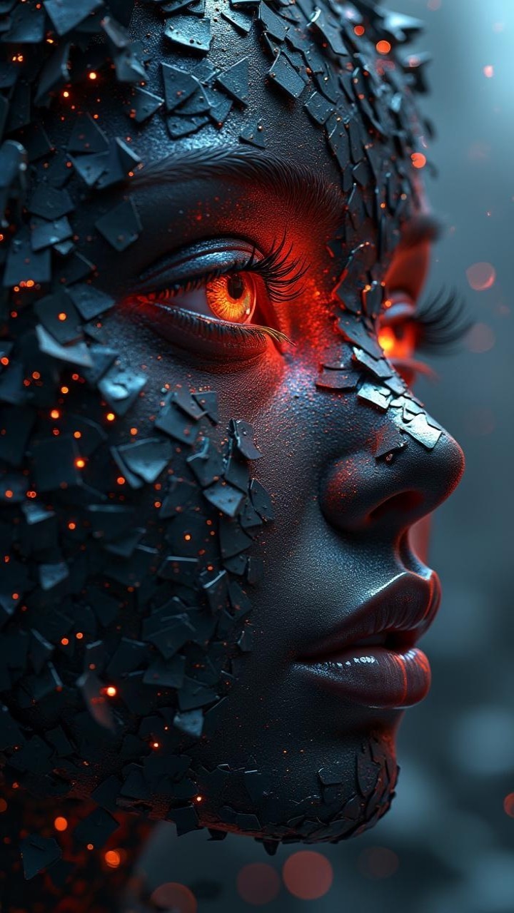 Futuristic Female Face with Dark Shards and Glowing Eyes
