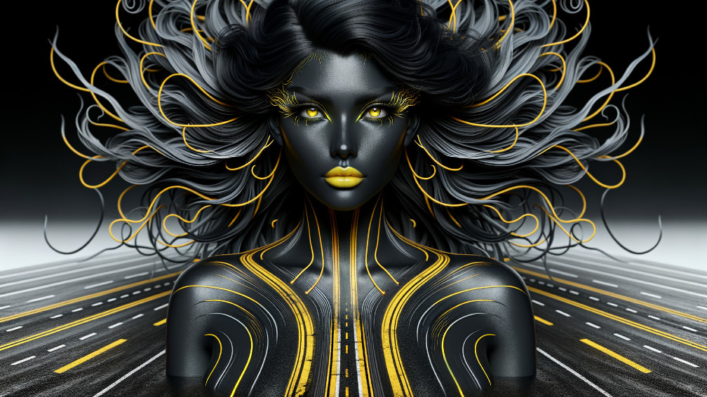 Striking figure with metallic complexion and vibrant hair