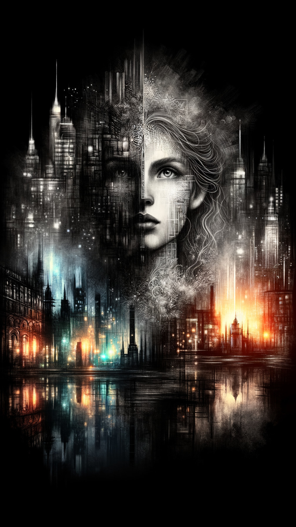 Surreal Urban Aesthetics with Woman's Face and Cityscape
