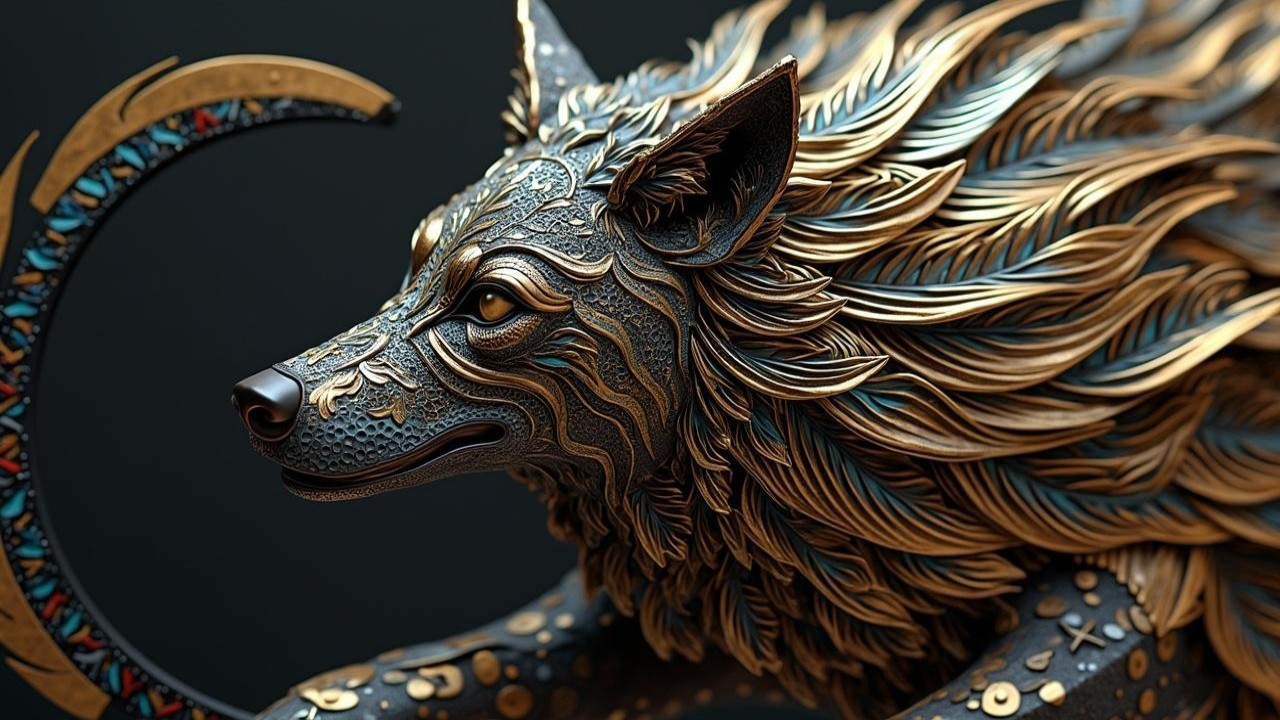 Intricate Wolf Sculpture with Crescent Moon Detail
