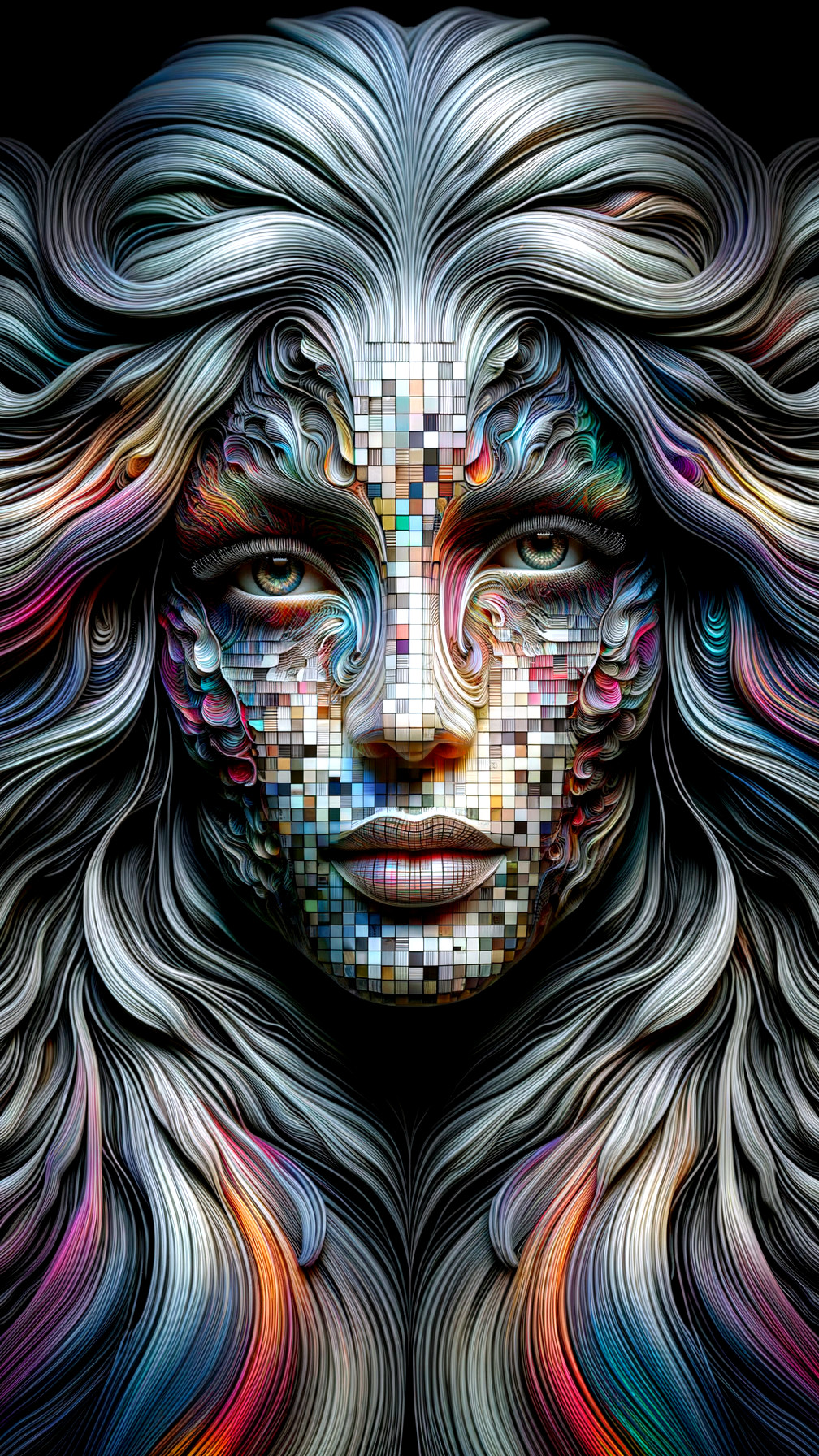 Intricate Face Design with Wavy Hair and Mosaic Patterns