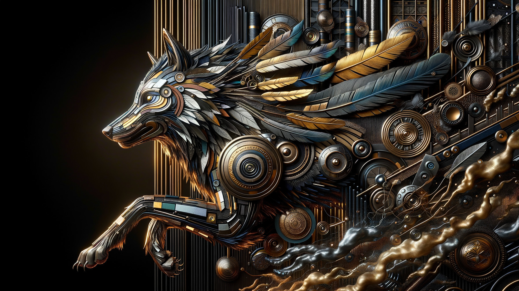 Metallic wolf with wings amidst gears and circles