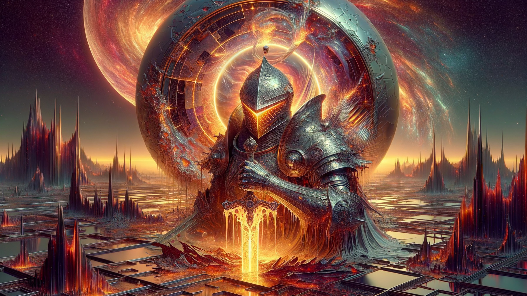 Armored Knight in Surreal Otherworldly Landscape