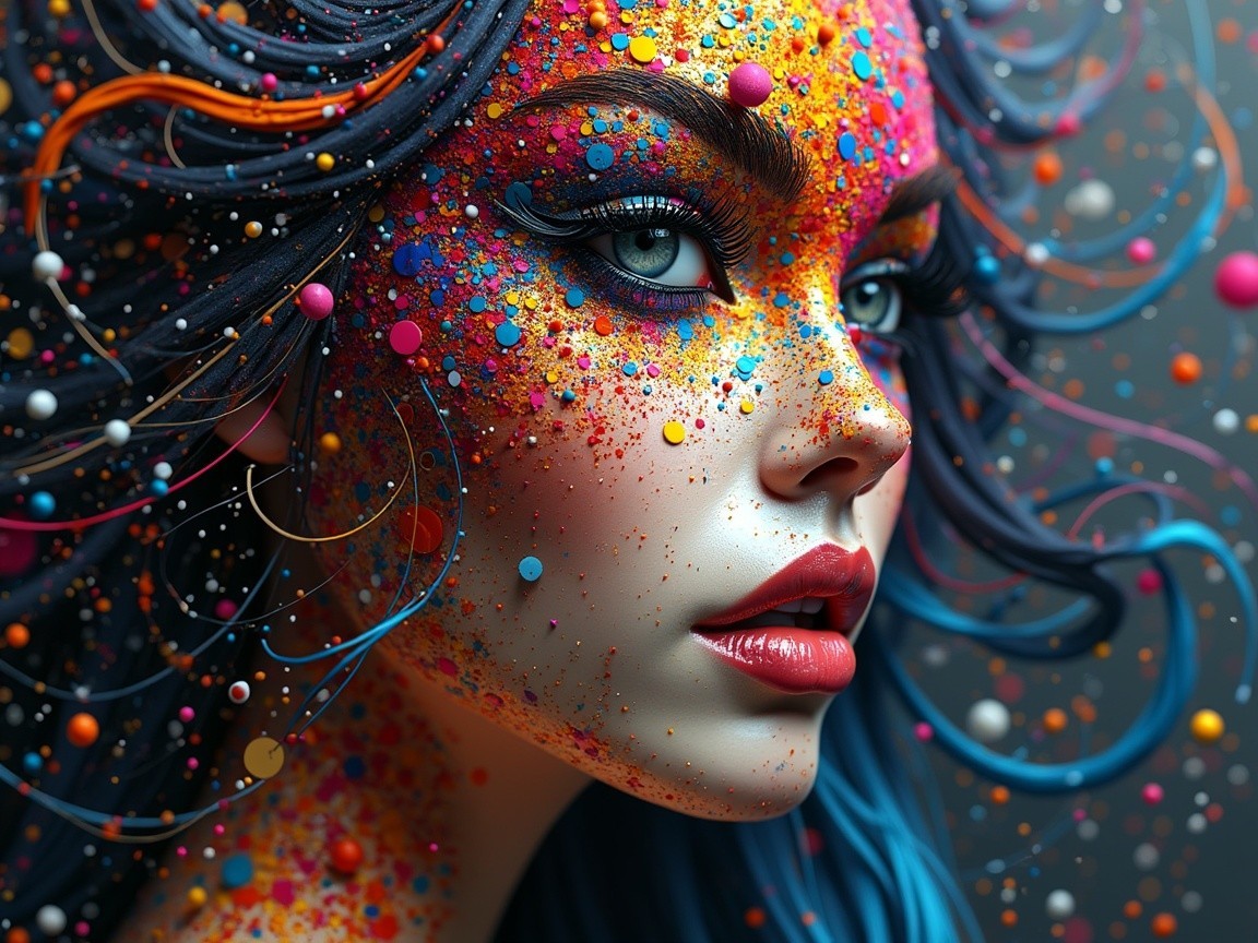 Close-up of a woman's face with colorful paint patterns