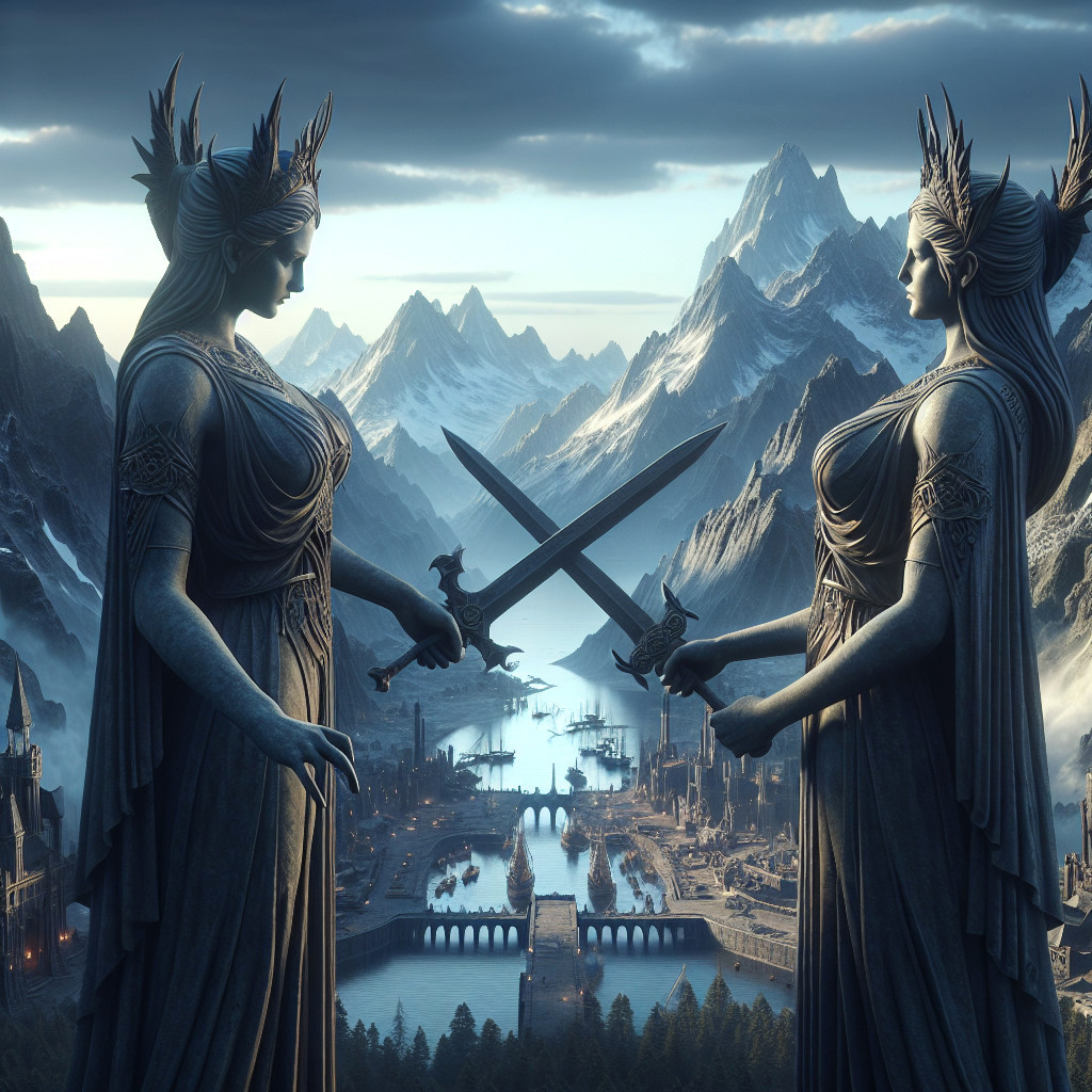 Majestic Stone Statues Overlooking Serene Valley