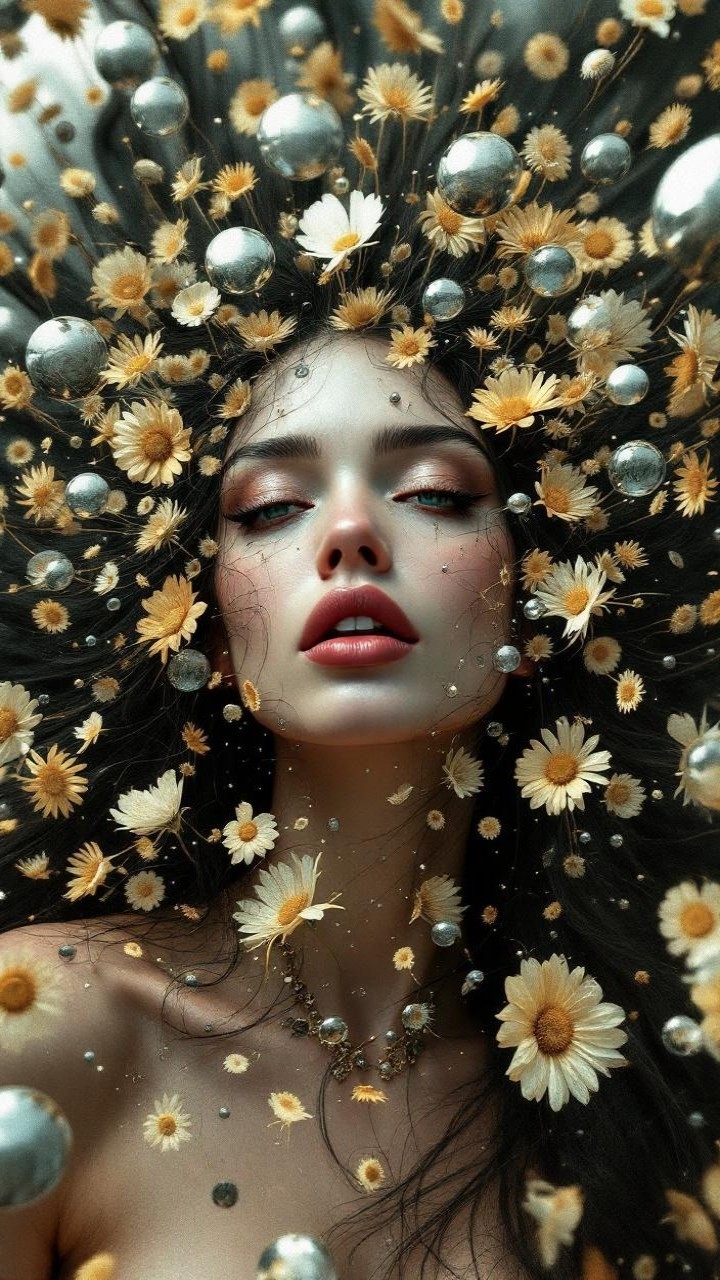 Portrait of a woman with golden flowers and pearls