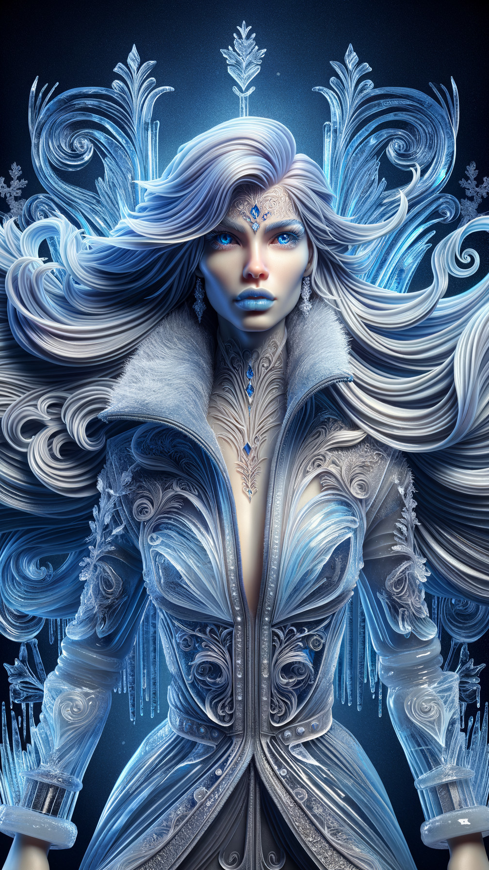 Ethereal Figure in Frost-Themed Gown Among Ice Crystals