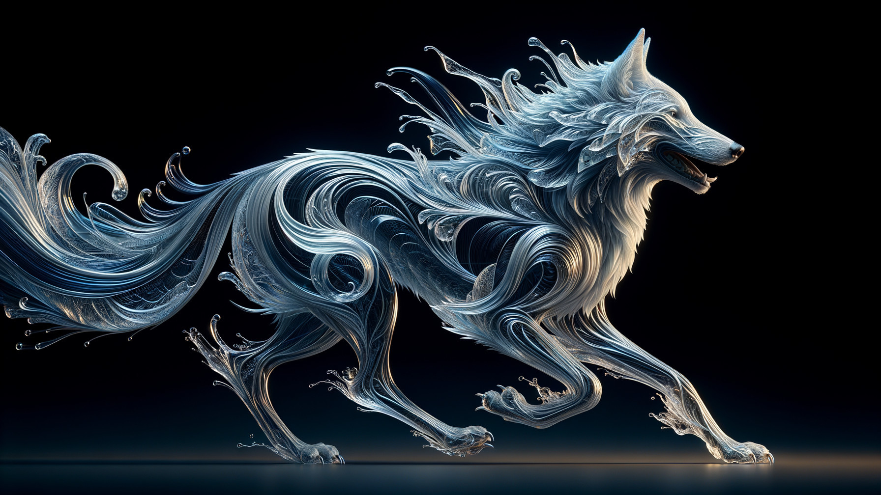 Ethereal Wolf with Luminous Patterns on Dark Backdrop