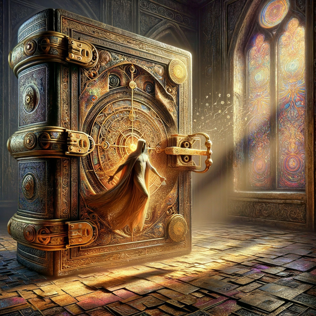 Giant Ornate Book with Ethereal Figure in Mystical Setting