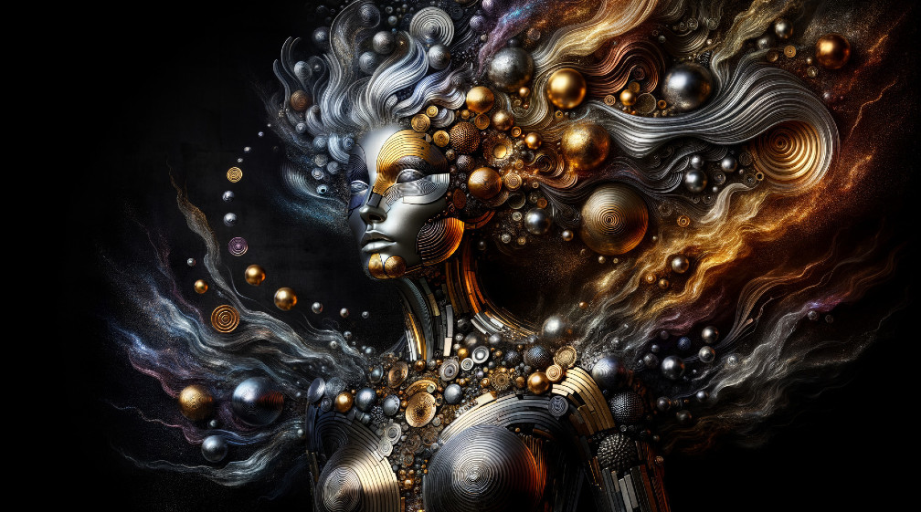 Humanoid Figure with Metallic Patterns and Futuristic Design
