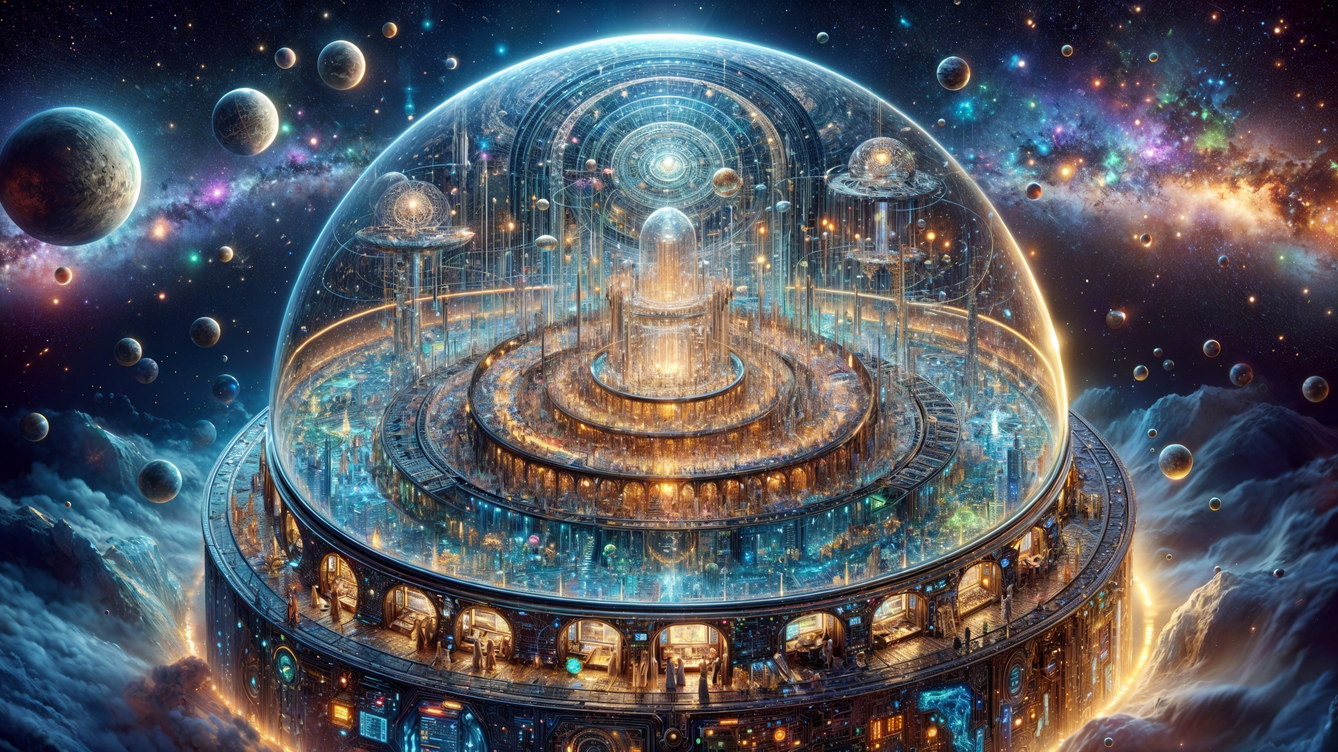 Futuristic Dome-Shaped City in Space with Vibrant Cosmos