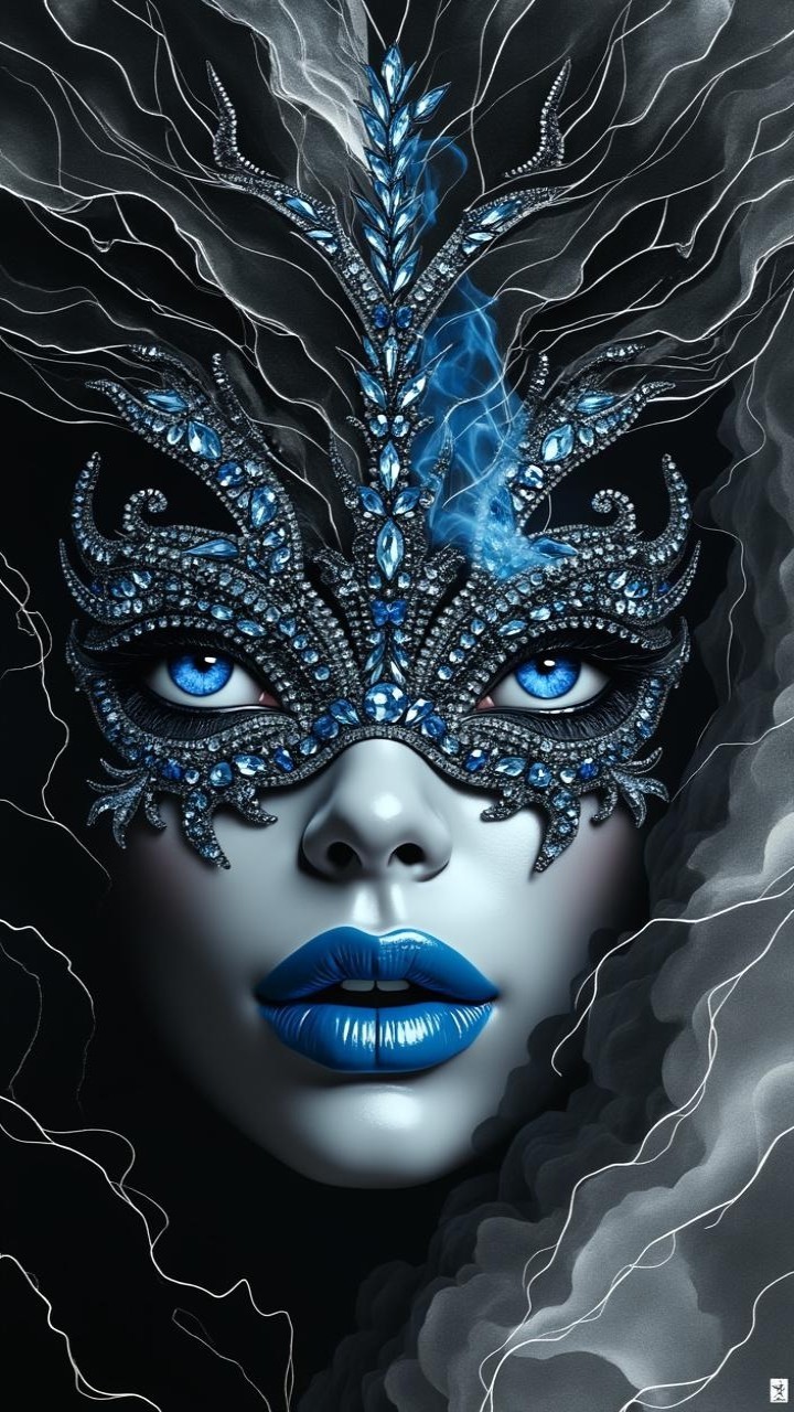 Portrait of a woman with jeweled mask and blue accents