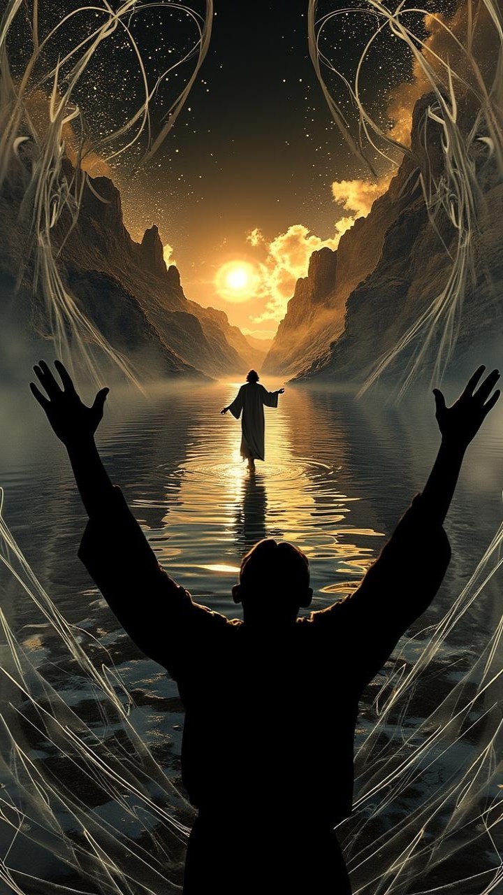Serene landscape with river, mountains, and sunset glow