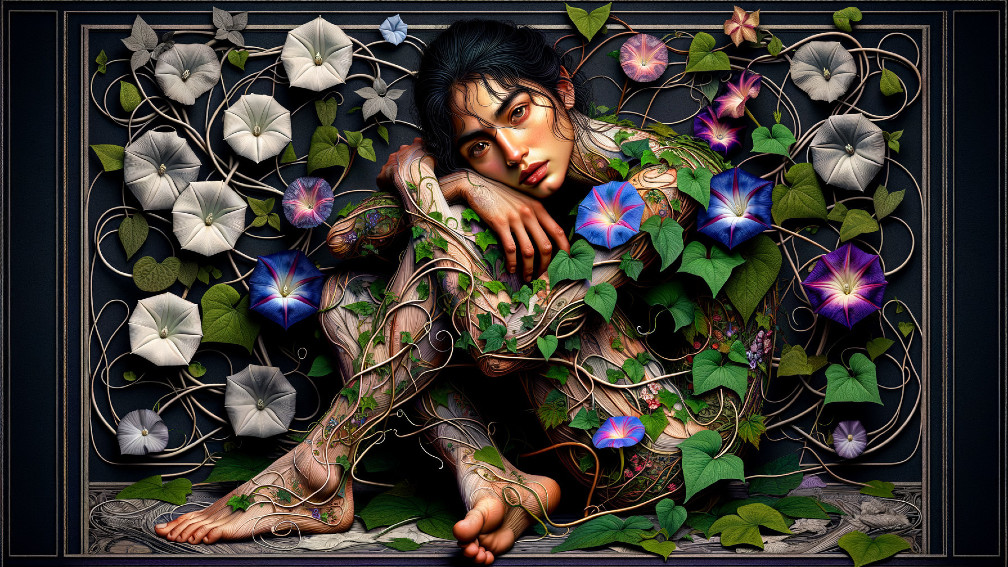 Young Woman Entwined with Flowers and Vines