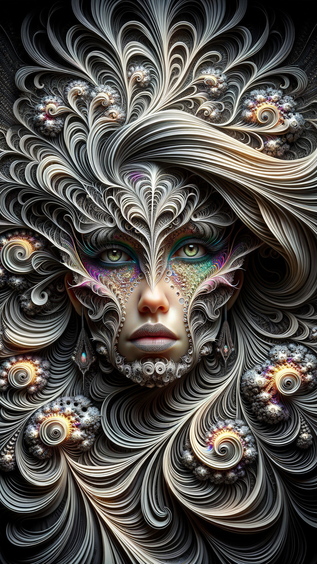 Intricate Face with Swirling Patterns and Fractal Designs