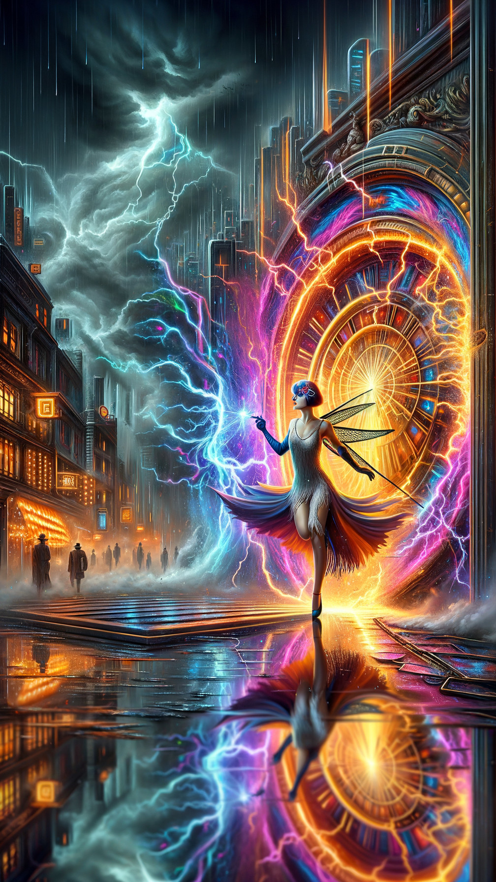 Futuristic City Scene with Portal and Neon Lights