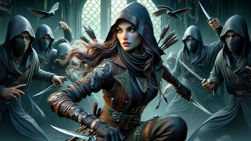 Female Warrior in Dark Outfit Surrounded by Shadows