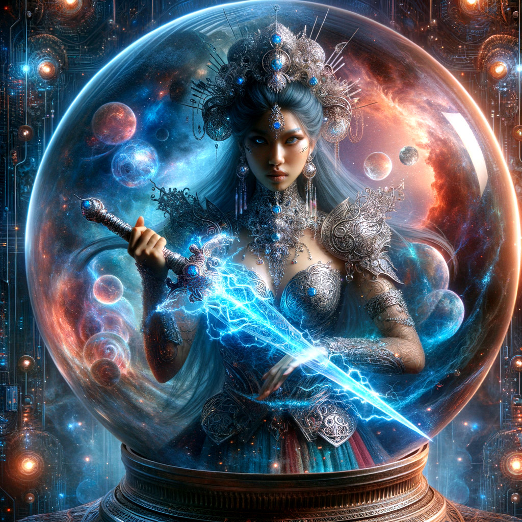 Mystical Warrior Woman in Crystal Globe with Galaxies