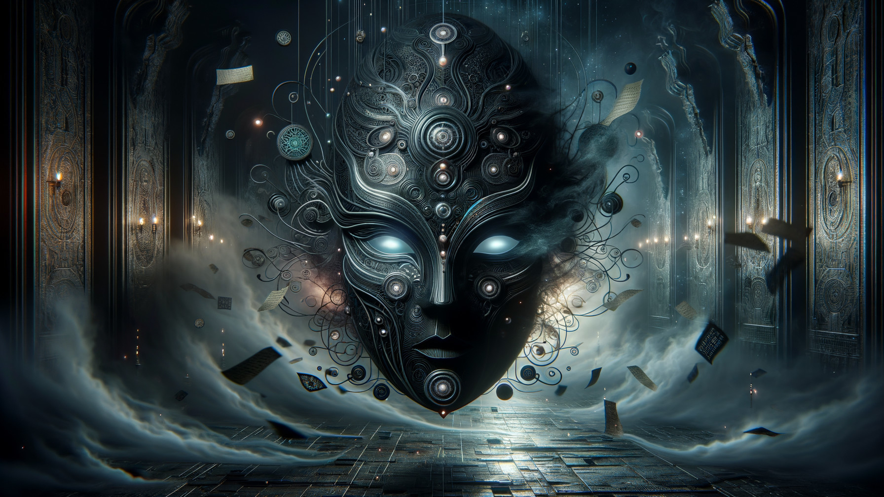 Mystical Face Surrounded by Symbols and Shadows