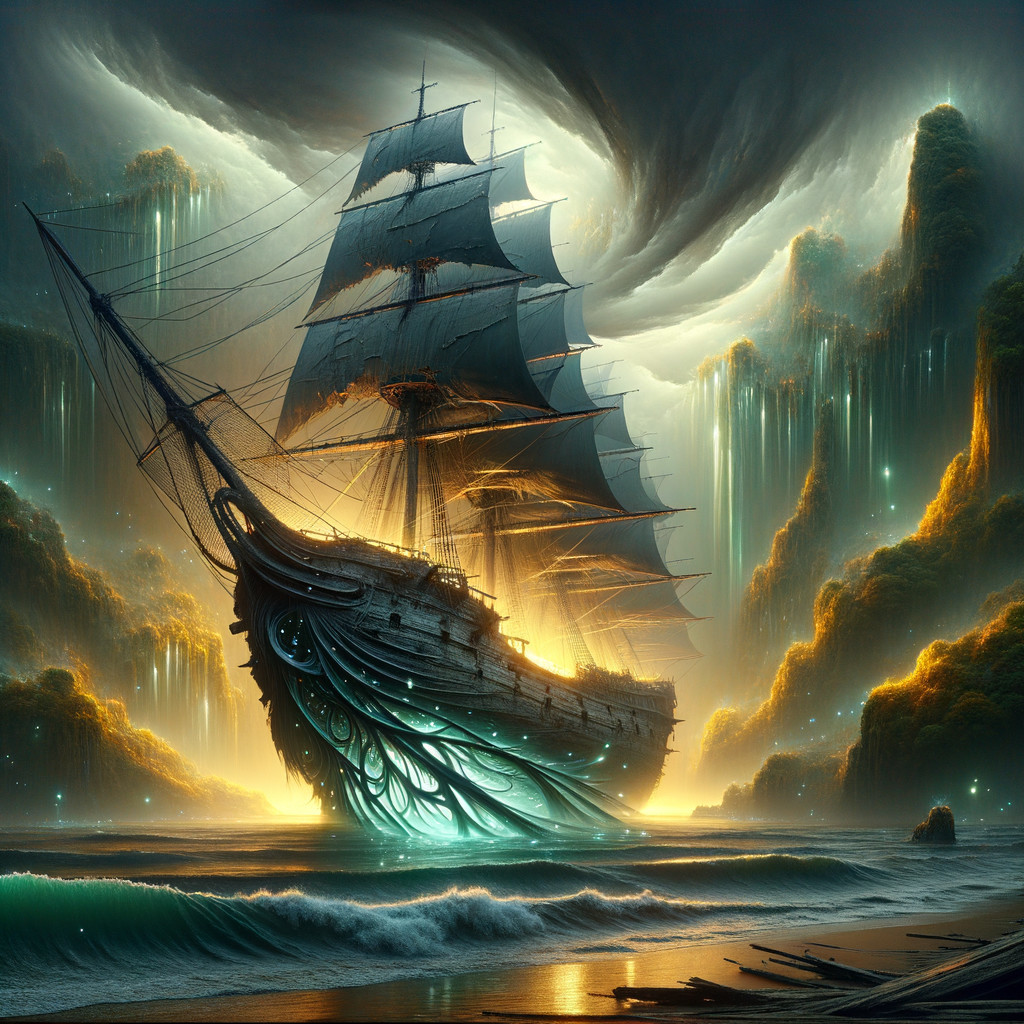 Majestic Sailing Ship Above Mystical Sea and Cliffs