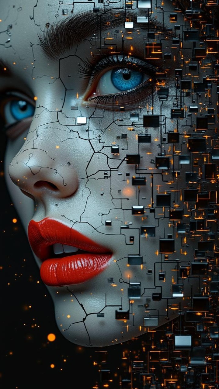 Striking Female Face with Metallic Skin and Geometric Shapes